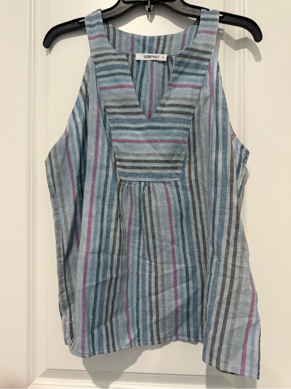 Contrast Striped Sleeveless V-Neck Blouse in Light Blue